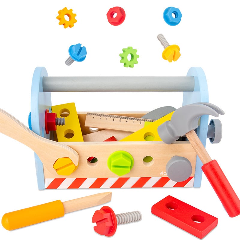 Montessori Bastel-Werkzeugkasten aus Holz mit Hammer, Schraubendreher, Schrauben, Lineal und mehr.