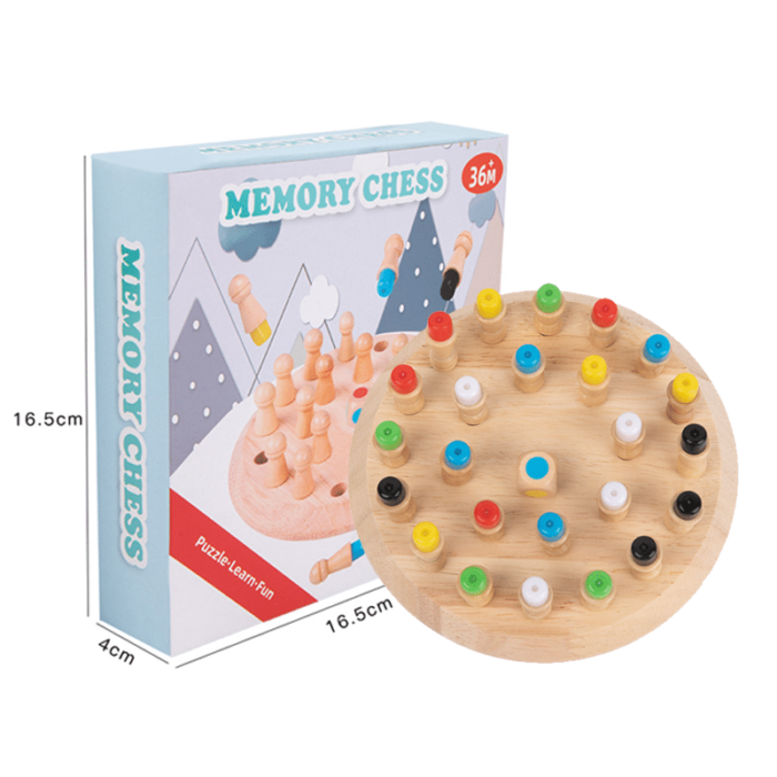 Le jeu d'échecs de mémoire Jeu de pions Montessori est présenté dans une boîte.