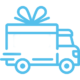Ein Montessori-Geschenk, das in einer Schleife verpackt ist und von einem blauen Lastwagen geliefert wird.