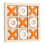 A wooden Tic Tac Toe with orange and white pieces.