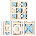 The product: The phrase: A wooden Tic Tac Toe with blue and white letters.