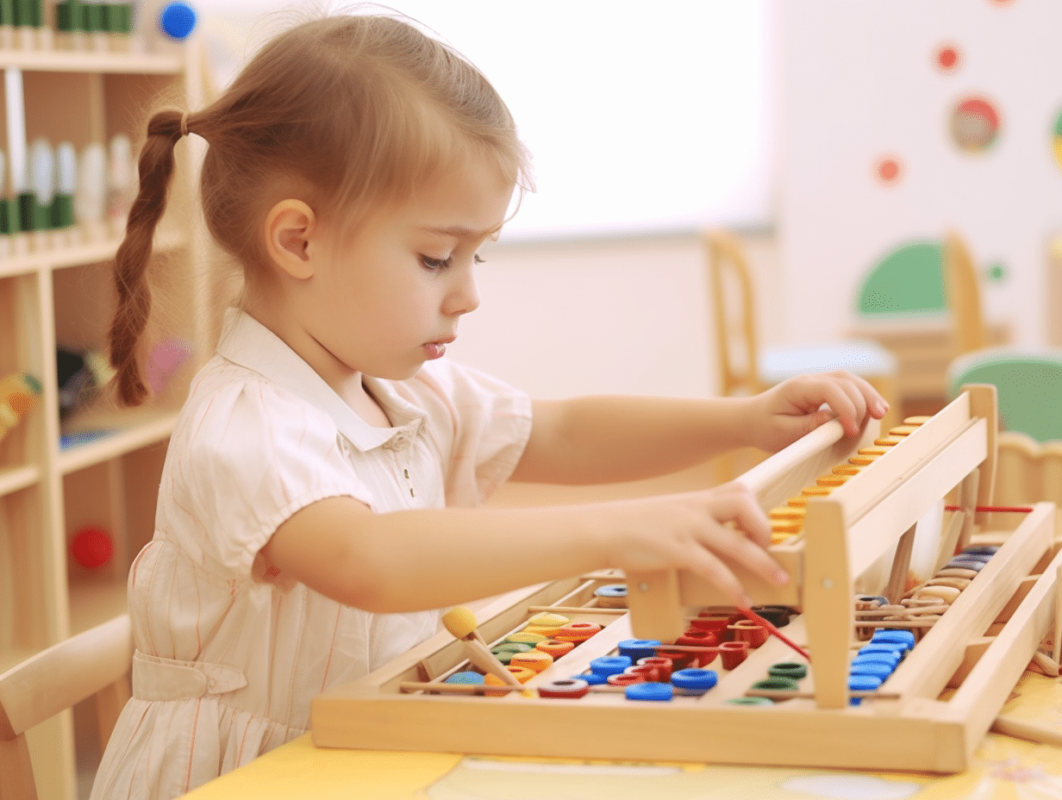 Little girl playing with a Montessori abacus