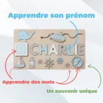 Ein personalisiertes Holzpuzzle mit Charlies Namen auf Französisch.