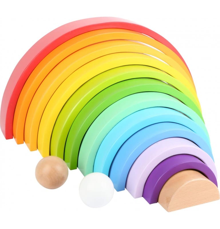 Holzspielzeug in Form eines mehrfarbigen Regenbogens