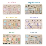 A collection of Personalized First Name Puzzles - wooden with names engraved on them.