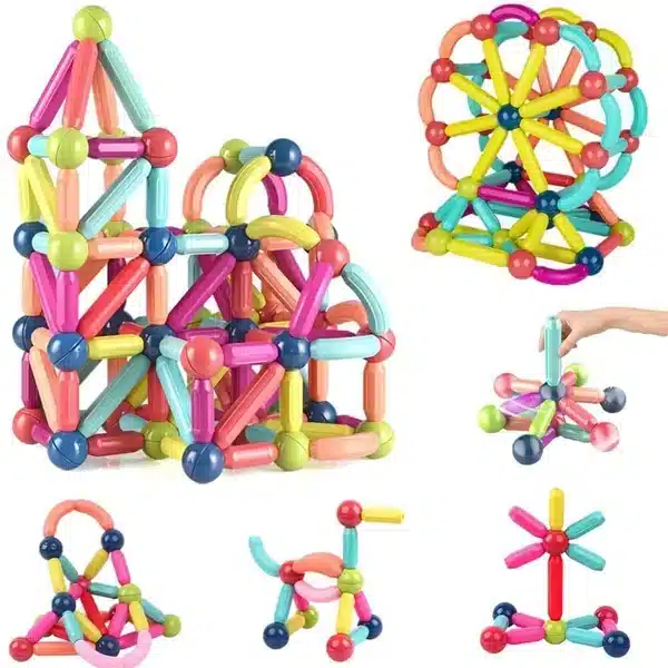 Un Jeu de Construction Magnétique pour Enfants avec différentes formes et couleurs.