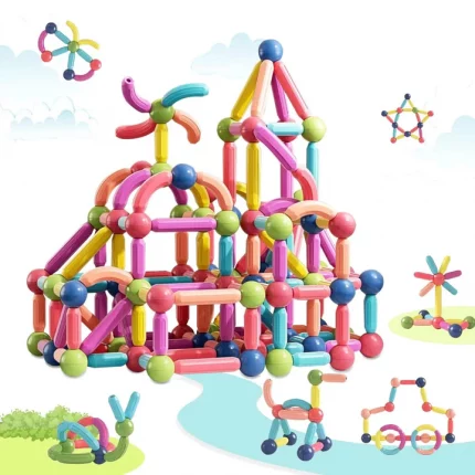 Magnetic Building Game for Children: a set of colorful building blocks with a castle in the background.