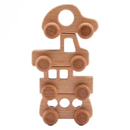 A stack of Wooden Teething Rings - Cars.