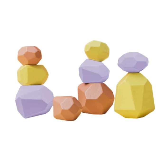 A collection of wooden building blocks in the shape of coloured stones.