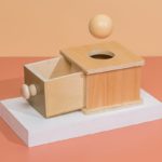 Eine Montessori-Gegenstandsbox - Holzbälle mit einem Ball darauf.