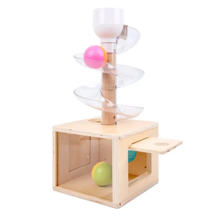 A 3-Exit Object Permanence Slide Wooden Box with colorful balls inside.