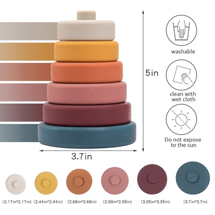 Set aus 6 weichen Silikon-Bauklötzen für Babys in verschiedenen Farben und Größen.