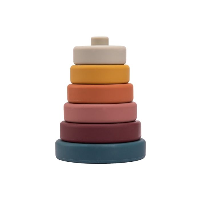 A stack of 6 soft silicone baby building blocks for babies.