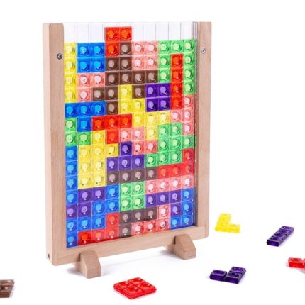 A wooden Tetris game with colored blocks.