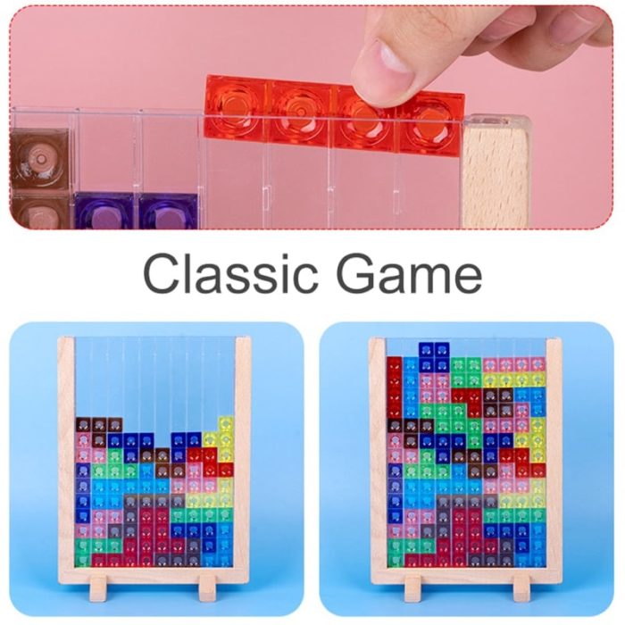 A set of wooden blocks representing the classic game of Tetris.