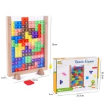 Jeu de puzzle Jeu de Tetris présenté à côté de sa boîte d'emballage aux dimensions indiquées.