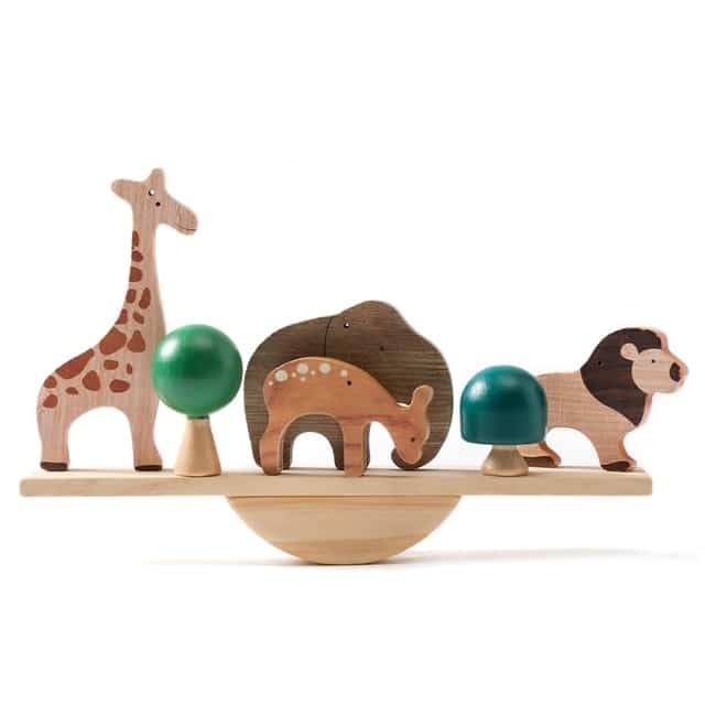 Wooden Animal and Dinosaur Balancing Games with giraffes, elephants and zebras.