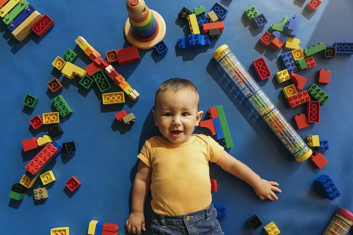 Un bébé est entouré de jouets Montessori sur un sol bleu.