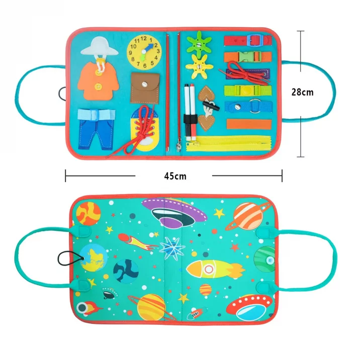 Eine Tasche mit sensorischen Spielzeugen zum Thema Weltraum, in der das Montessori 7-in-1-Sensorik-Set enthalten ist.