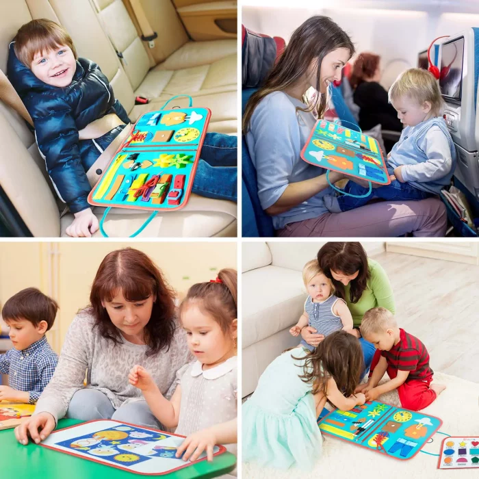 A collage of children playing with a Montessori 7 in 1 Sensory Kit in an airplane.