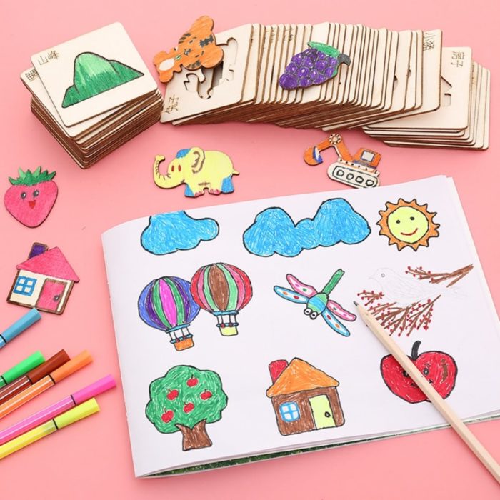 Ein Montessori-Malbuch mit Montessori Holz-Schablonen für Kinder - 20 Stück.