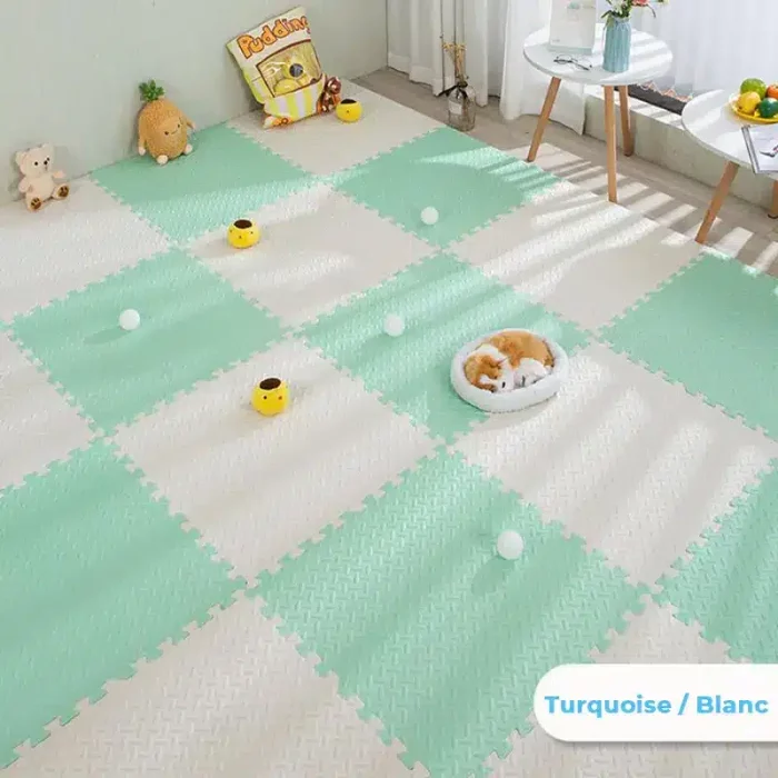 The green and white Two-Color Thick Baby Floor Mat in a baby's room.
