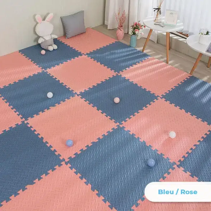 A Two-Color Thick Baby Floor Mat for baby, blue and pink.