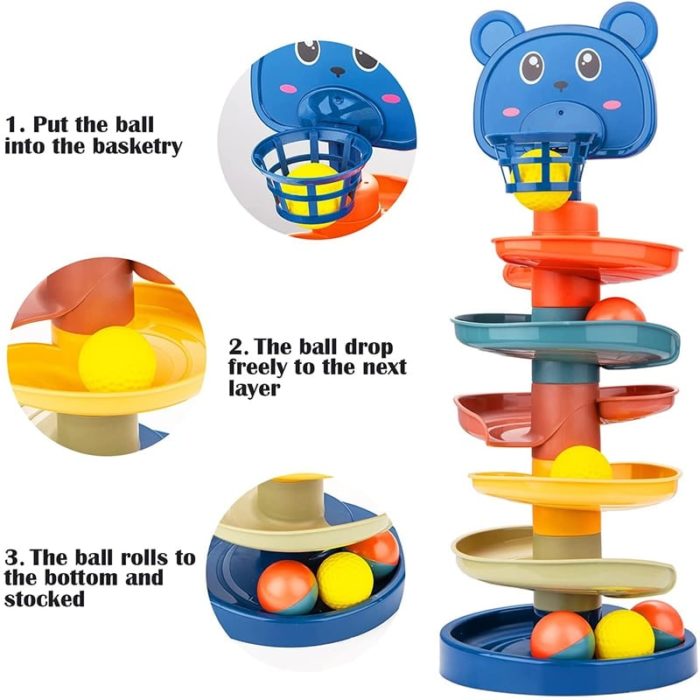 A 7-storey 45 cm high Rolling Ball Tower with several levels for rolling balls.
