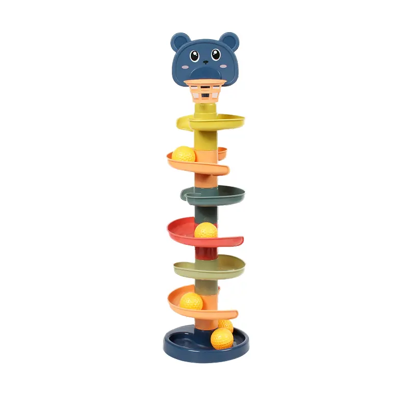 A 7 Floor Rolling Ball Tower - 45 cm with a bear on top.