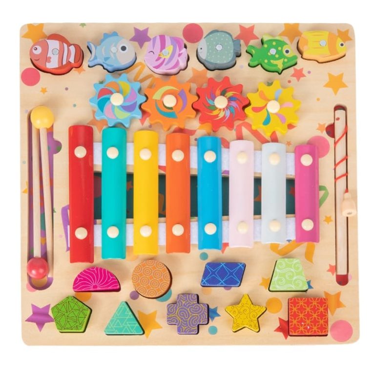 A colorful wooden underwater activity board with colorful shapes.