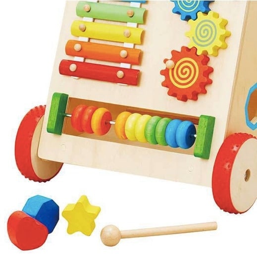 A colorful wooden Baby Walking Cart with colorful toys.