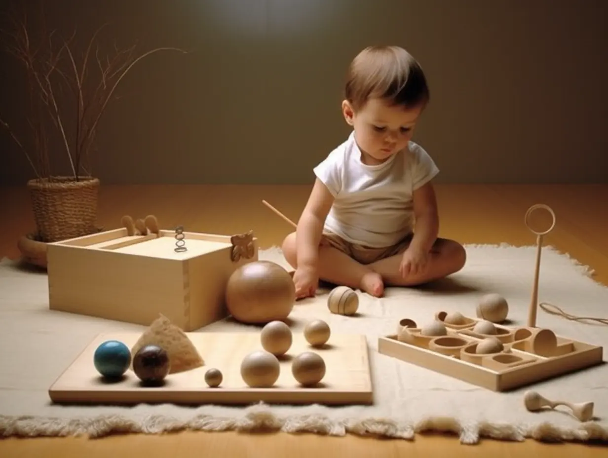 A baby plays with wooden toys to stimulate the senses.