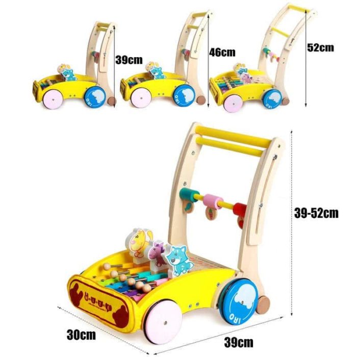 A folding wooden Musical Pusher Trotter with toys of different sizes.