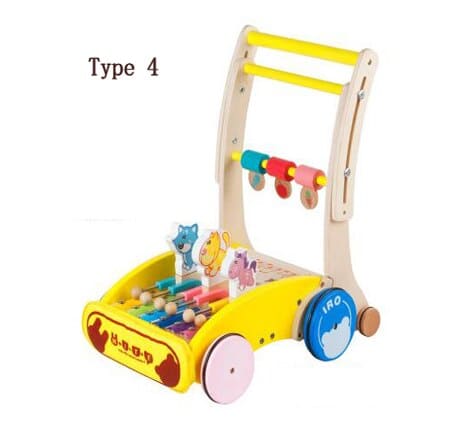 Un Pousseur Trotteur Musical Pliable avec des jouets colorés.