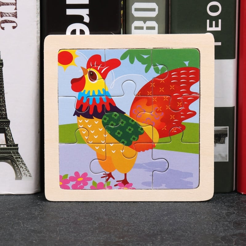A wooden animal puzzle with a rooster on it.