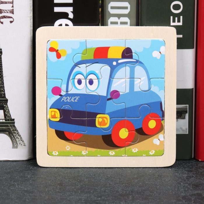 A wooden puzzle featuring a cartoon car.