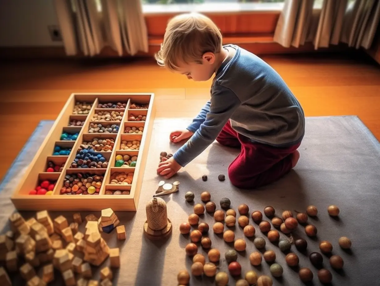 Ein kleiner Junge spielt mit Holzblöcken auf dem Boden (Kreativität, Montessori-Spiele).