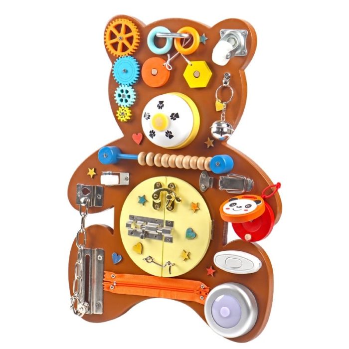 Un Tableau d'activité Serrures Montessori avec serrures et boutons.