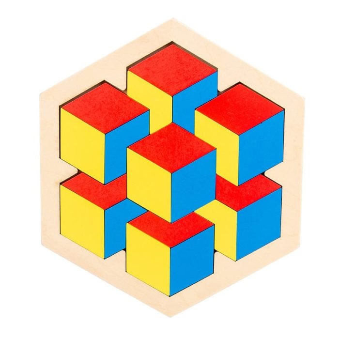 A wooden Tangram with red, blue and yellow cubes.