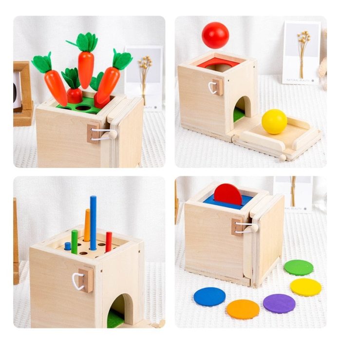 Ein Spielzeug Permanentbox 4 in 1 mit Holzgegenständen wie Karotten.