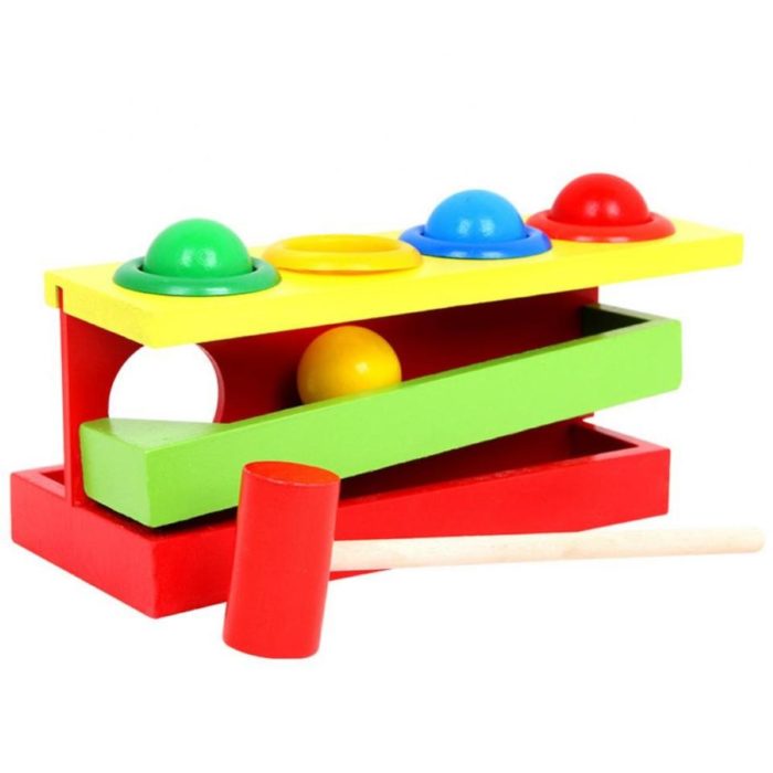 4-colour wooden hammering game with balls and hammer.