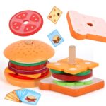 A set of wooden toys including a Hamburger Stacking Game and a sandwich.