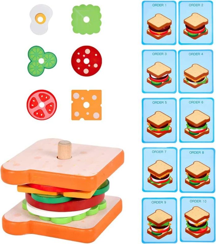 A sandwich-themed wooden puzzle with the Hamburger from the Stacking Game.
