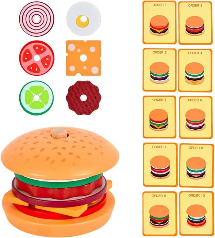 Un jeu empilable mettant en vedette Jeu d'Empilage Hamburger et divers aliments.