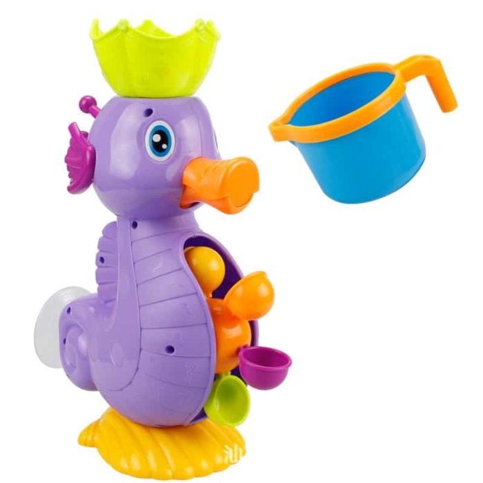 A Seahorse Bath Shower Toy with a bath bucket.