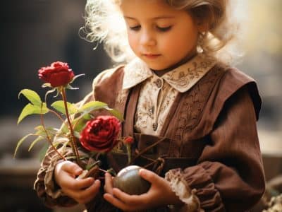 Ein kleines Mädchen in einem braunen Kleid hält eine Rose.