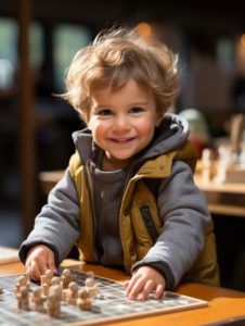 A young boy playing chess in a restaurant.