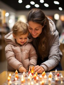 Eine Frau und ein Kind schauen sich in einem Geschäft Kerzen an.