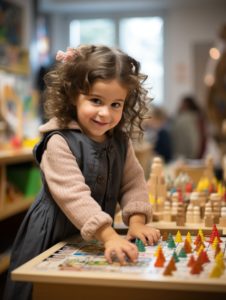 Ein kleines Mädchen spielt in einem Klassenzimmer mit Holzblöcken.