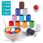 A set of wooden Montessori Ball and Sorting Cup toys for sorting different-colored balls with spoons.